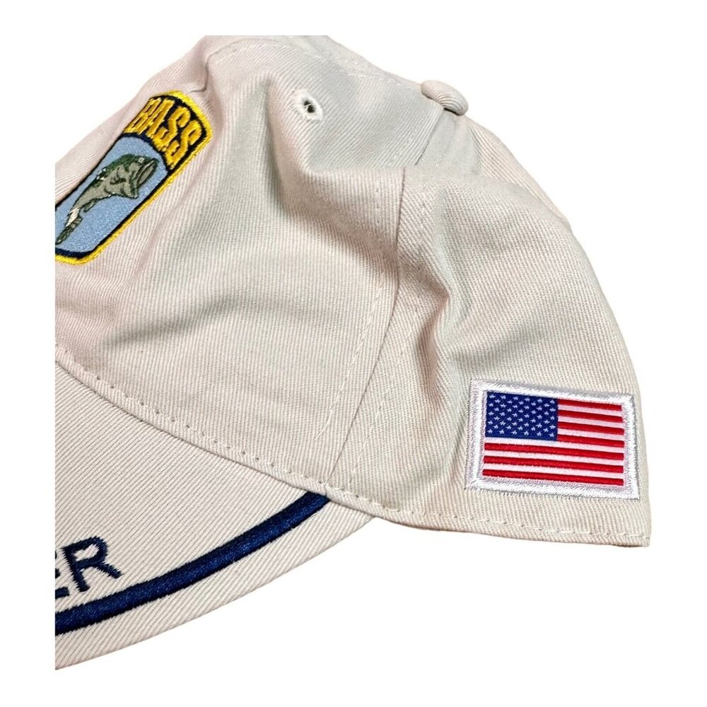 BASSMASTER Baseball Cap Hat Off White Adjustable Strap Back Fishing USA Flag New - Picture 2 of 11